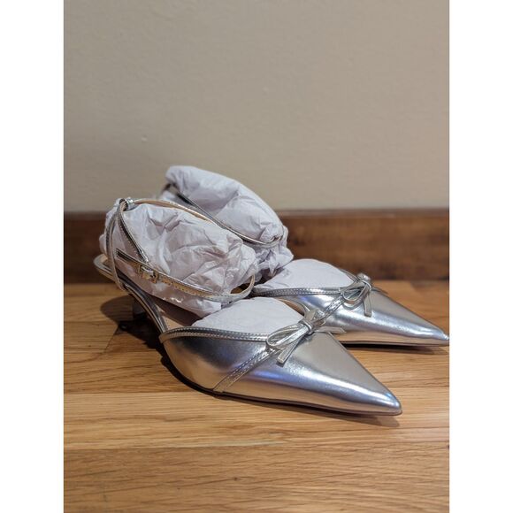 Jewel Badgley Mishka Talasia Pointed Toe Kitten Heels | Silver Metallic | Size 8 - Picture 10 of 16